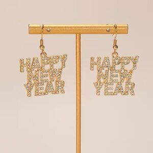 NEW Gold Happy New Year Earrings Crystal Rhinestones